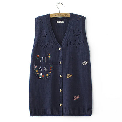 Plus Size Women's Embroidered Hollow Knit Sweater Vest – V-Neck Cardigan, Casual Autumn Fashion, E2 3023