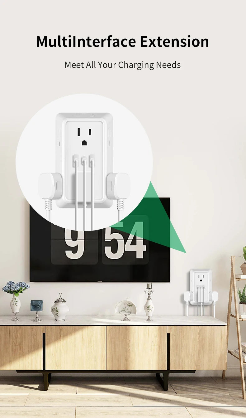 9-in-1 Power Strip – 2 USB Sockets, 1 Type-C Socket, 6 AC Sockets, Compact Wall Plug Power Expander
