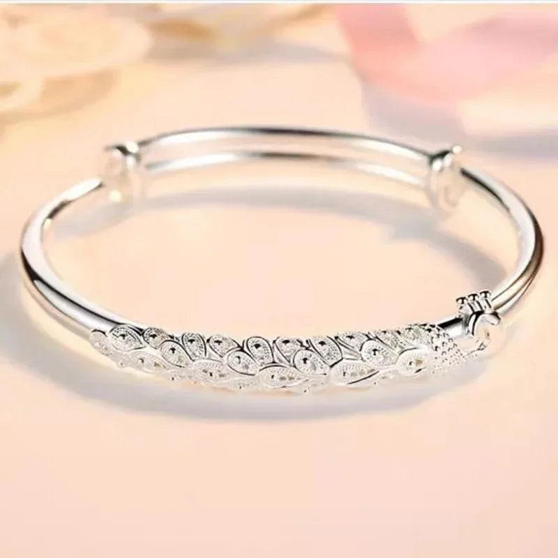 Women’s 925 Sterling Silver Open Cuff Bangle – Adjustable Charm Bracelet for Wedding Party Fashion Jewelry