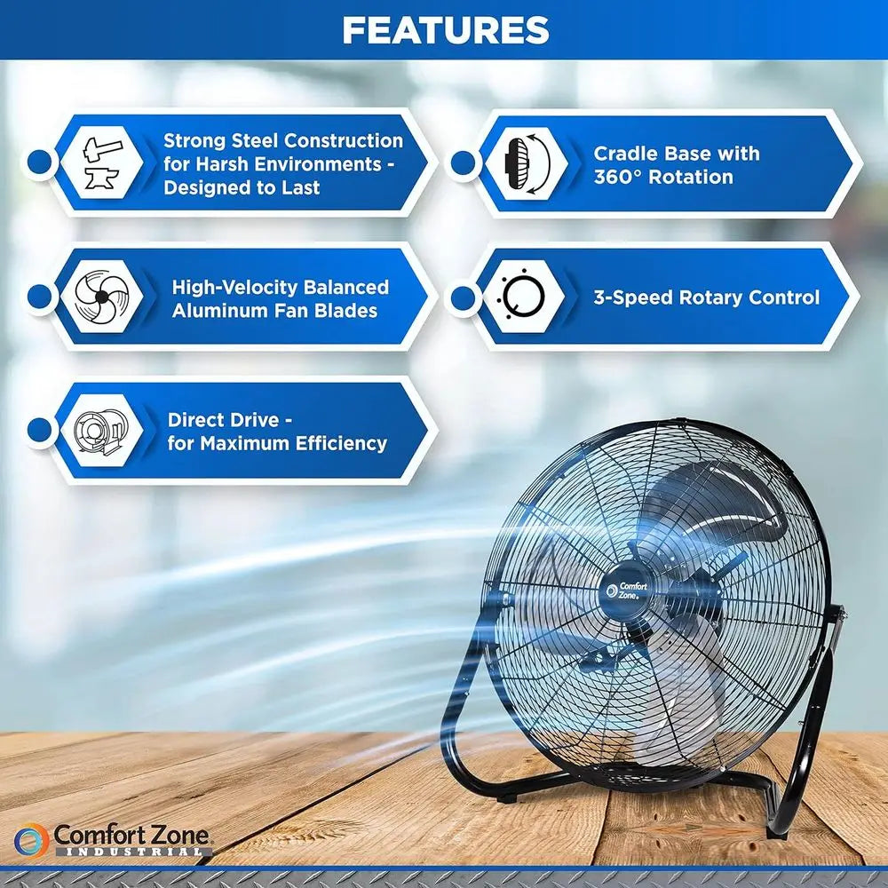 18-Inch Industrial High-Velocity Floor Fan – 3-Speed Adjustable Tilt with Carry Handle for Workshop & Home Use