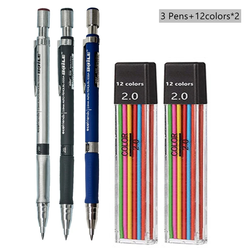 2.0mm Mechanical Pencil Set with 2B Black & Color Lead Refills – Automatic Pencil for Sketching, Drawing & Writing