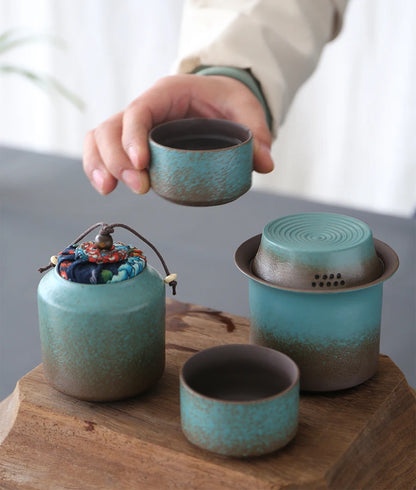 Kiln-Change Vintage Spring Green Pottery Tea Set – 1 Pot & 4 Cups, Simple Small Set for Outdoor or Tea Room