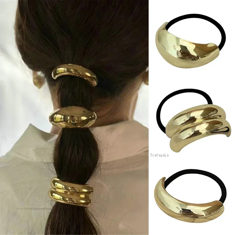 3PCS Geometric Hair Ties — Elastic Rubber Bands with Gold & Silver Metal Charms, Hair Cuffs for Women & Girls Accessories