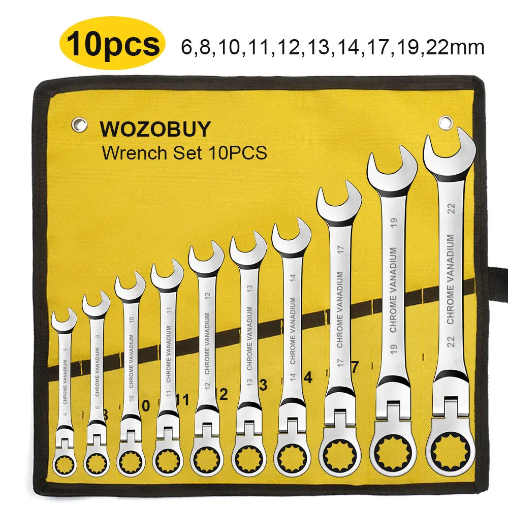 6-22mm Metric Ratcheting Combination Wrench Set – Flex Head Chrome Vanadium Steel Spanners with Carry Bag