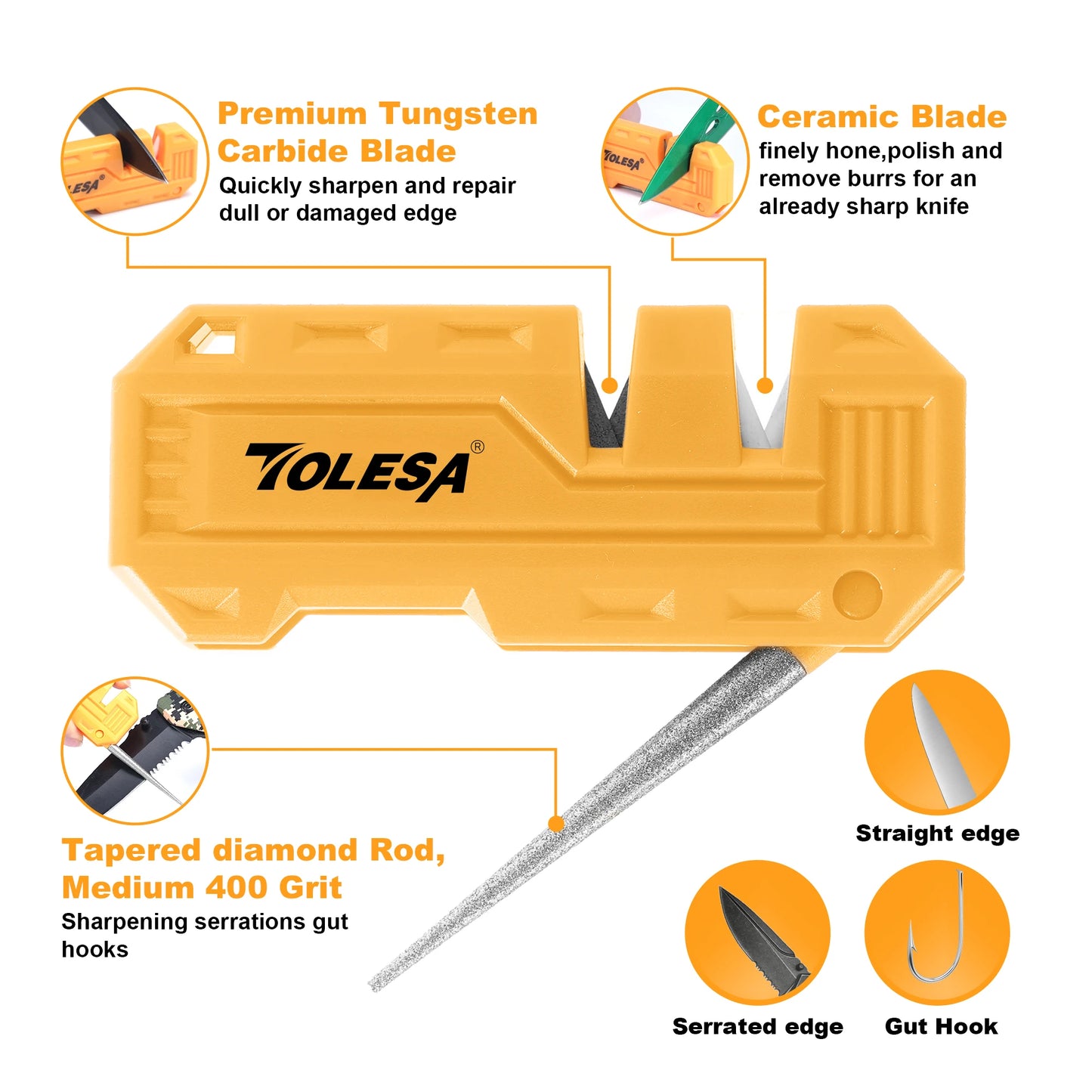 TOLESA Mini Knife Sharpener - 2-in-1 Pocket Whetstone with Diamond Rod for Outdoor and Kitchen Tools