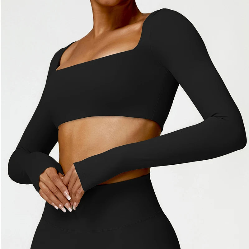 Hearuisavy Women’s Quick-Dry Sports Crop Top - Square Neck Long Sleeve Gym, Yoga, and Fitness Shirt