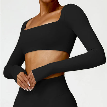 Hearuisavy Women’s Quick-Dry Sports Crop Top - Square Neck Long Sleeve Gym, Yoga, and Fitness Shirt