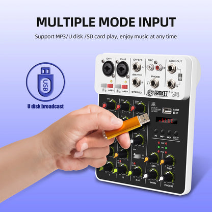 V4 4-Channel Audio Interface Mixer — USB & Bluetooth with 48V Phantom Power, Effects & Recording