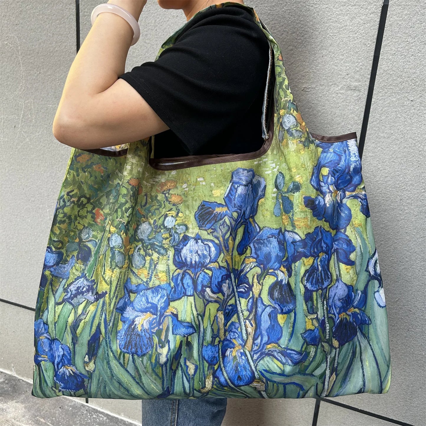 Flower Oil Painting Foldable Shopping Tote Bag – Large Capacity Reusable Portable Shoulder Handbag for Travel, Beach & Grocery Storage