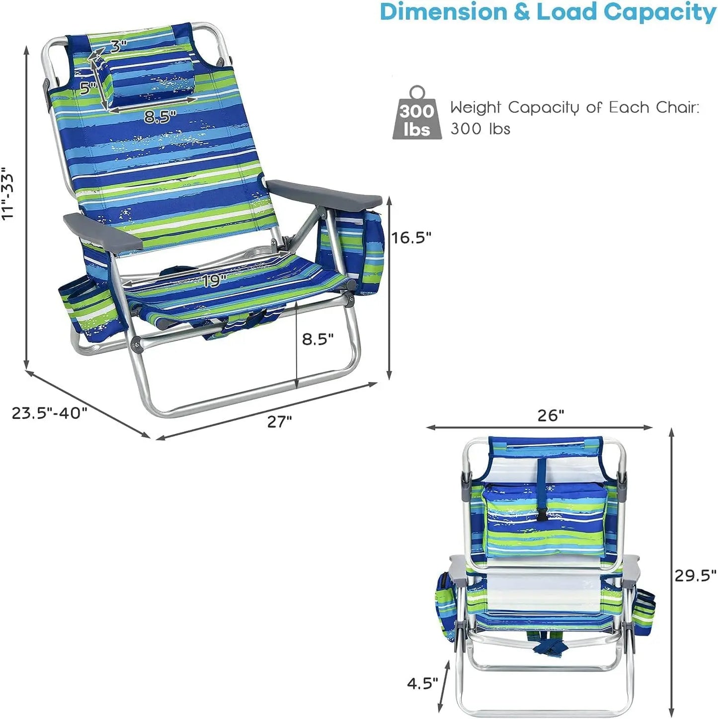 Backpack Beach Chair Set – 4 Portable Camping Chairs with Cooler Bag, Cup Holder & 5 Outdoor Recliners (Blue & Green, No Side Table)