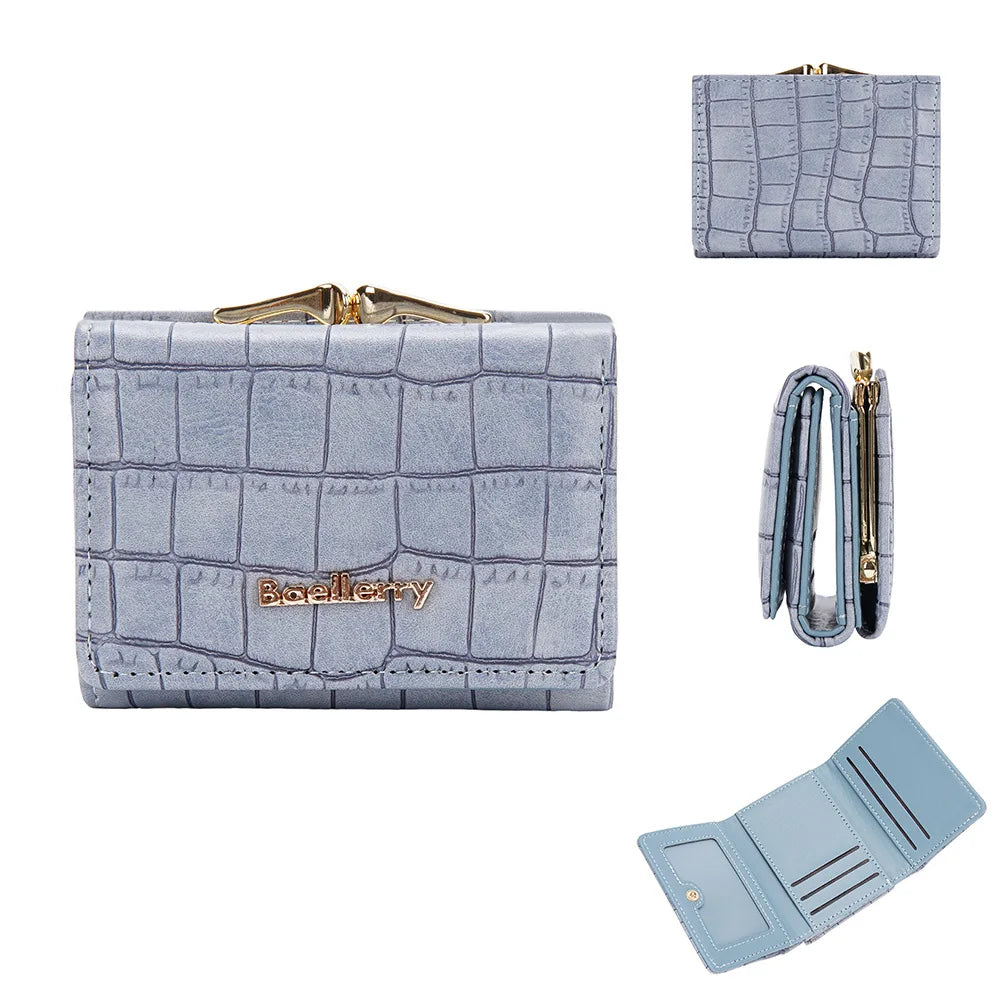 Baellerry Short Women’s Wallet — Crocodile Pattern Coin & Card Holder with Photo Slots, Hasp Purse for Girls