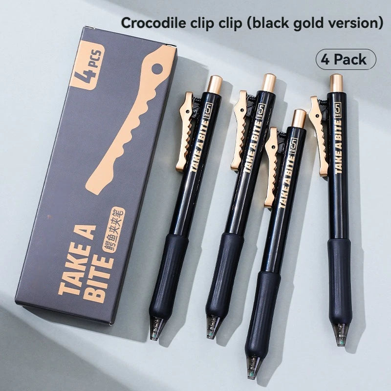 4-Piece Crocodile Clip Gel Pen Set - 0.5mm Black Ink Quick-Dry Smooth Writing Pens