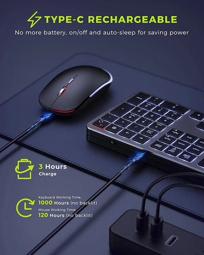 Backlit Wireless Keyboard and Mouse Combo – 2.4G USB Rechargeable Silent Full-Size Slim Set