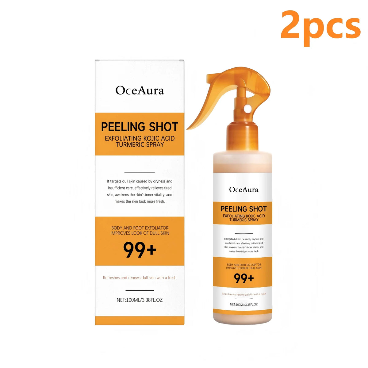 OceAura Kojic Acid & Turmeric Peel Shot Spray - 100ml Exfoliating Skin Care for Dead Skin Removal and Smoother-Looking Skin