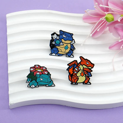 3-Piece Anime Monster Enamel Pin Set - Charizard, Blastoise, and Venusaur Brooch Badges for Backpacks, Lapels, Friends, and Collectors