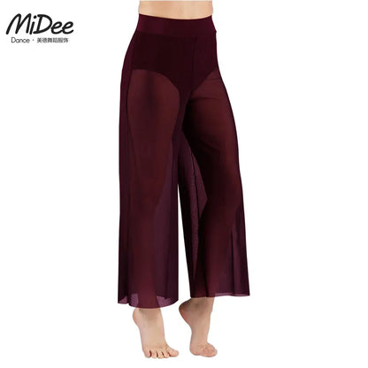 Women’s Lyrical Mesh Wide Leg Dance Pants – High Waist Modern Ballet Palazzo Trousers Contemporary Dance Costume Plus Size