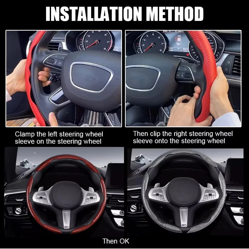 2/3PCS Universal Car Steering Wheel Cover — Laser Carbon Fiber, Silicone & 1K Microfiber Leather, Non-Slip PVC Booster