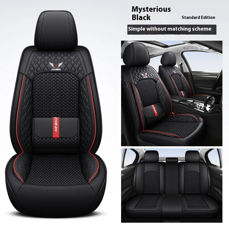 Universal 5-Seat Nappa Leather Car Seat Covers - Four-Season Ice Silk Cushion Set with Fixed Lumbar Support for Most Cars