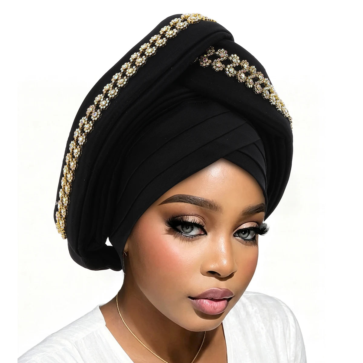 Luxury Diamond African Turban Headtie - Nigerian Auto Gele Head Wrap for Women, Wedding & Party Headpiece
