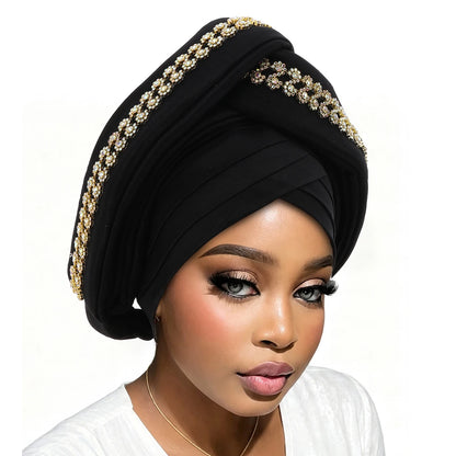 Luxury Diamond African Turban Headtie - Nigerian Auto Gele Head Wrap for Women, Wedding & Party Headpiece