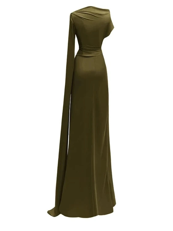 Women’s Solid Color Long Dress – Slanted Collar, Raglan Sleeves, Pleated Waist, Retro Elegant Commuting Style