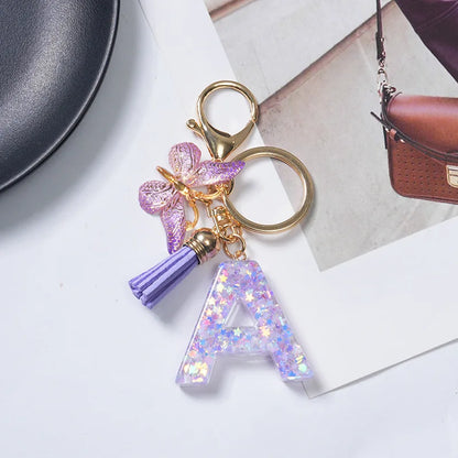 A-Z Initial Letter Sequin Keychain - Purple Butterfly Tassel Resin Keyring Backpack Charm Gift