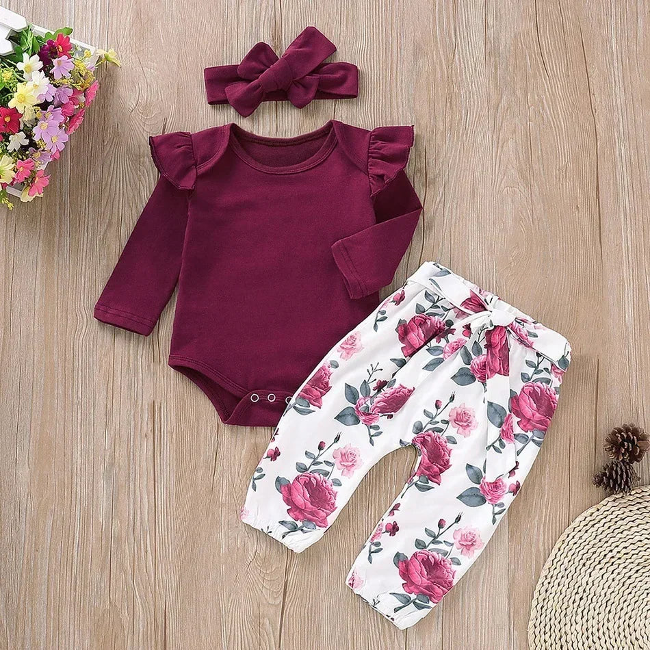 Newborn Baby Girls Clothes Set – Pink Ruffle Top & Heart Print Bow Trousers, Princess Casual Outfit for Infants