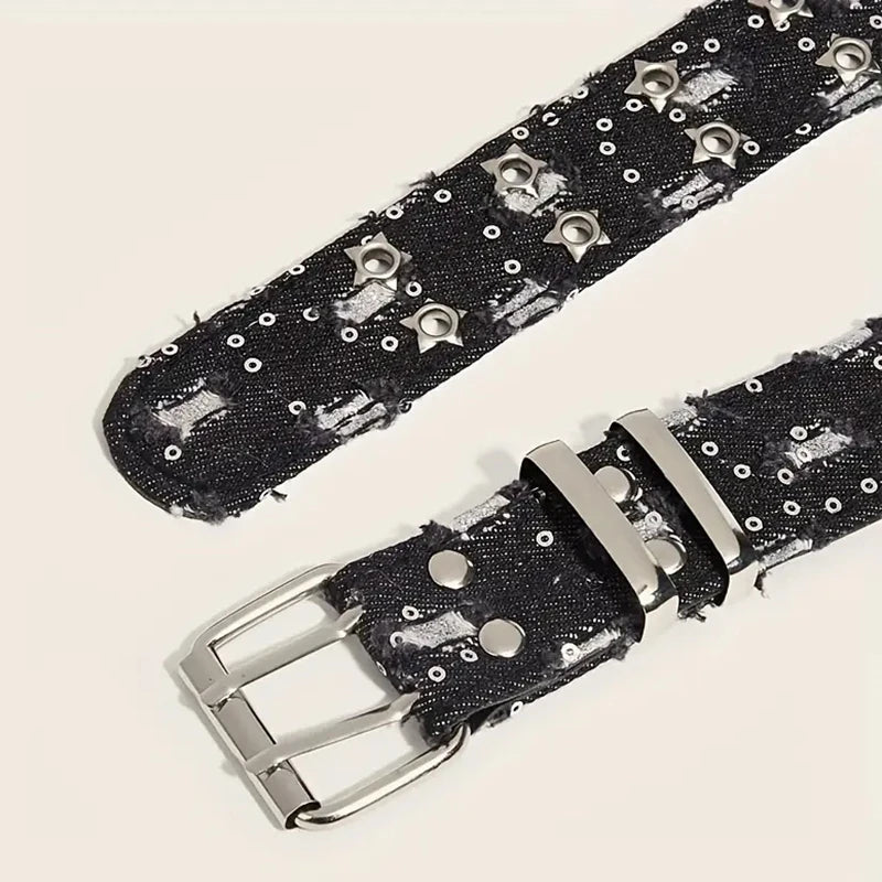 Y2K Punk Star Belt - Black Denim Hip Hop Hollow Buckle Waistband for Men & Women