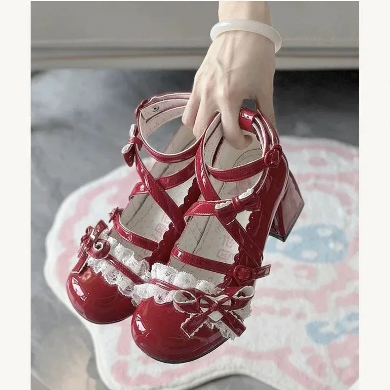 Lolita Red High Heels – Cute Lace Mary Jane Pumps for Women, Patent Leather Thick Heel Shoes