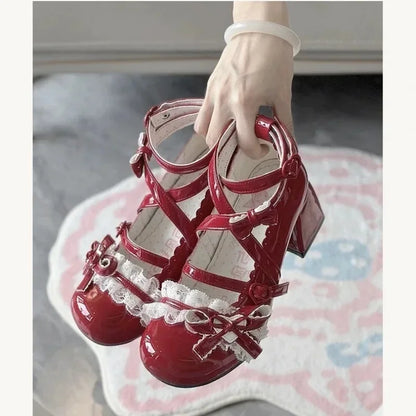 Lolita Red High Heels – Cute Lace Mary Jane Pumps for Women, Patent Leather Thick Heel Shoes
