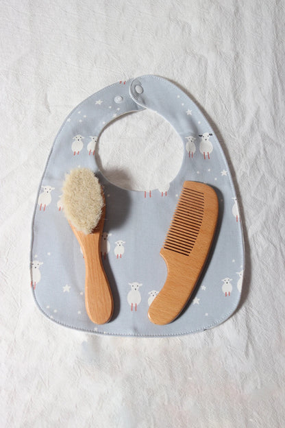 Baby Hair Care Gift Set - Natural Wool Brush, Wooden Comb, Bib and Pacifier Clip for Newborns