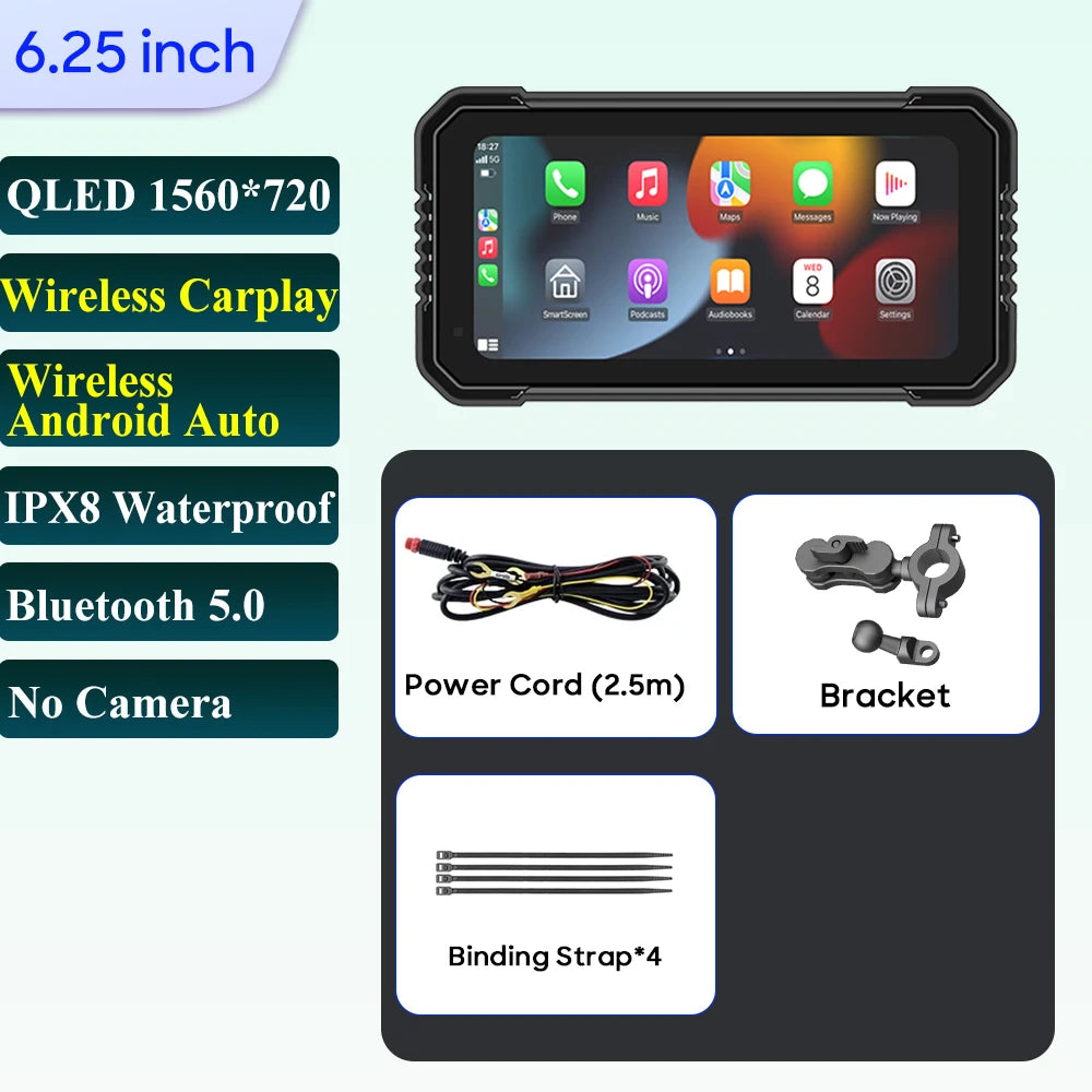6.25-Inch Motorcycle GPS Navigation Screen with Wireless CarPlay & Android Auto – 1560x720 Resolution, Motor DVR Monitor, TPMS Optional