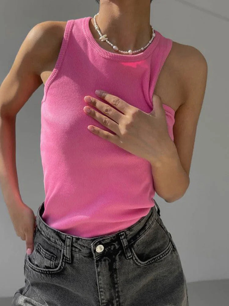 Ribbed Knit Summer Tank Top - Women's Casual Off-Shoulder Basic Vest Shirt