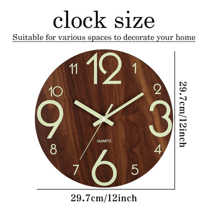 12-Inch Luminous Wall Clock — Nordic Wooden Silent Clock with Night Light, Non-Ticking Design for Dark Room