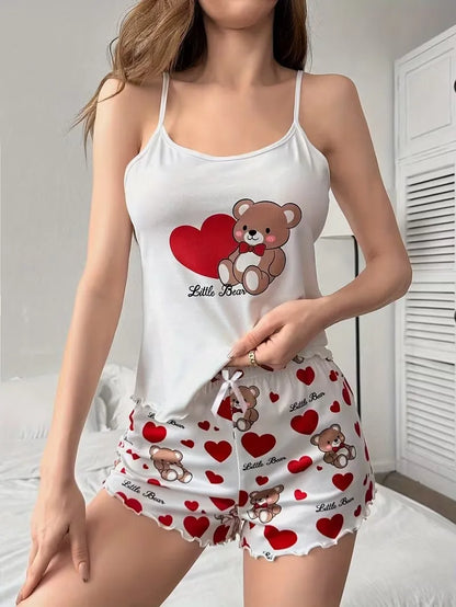 Cute Love Bear Pajama Set - Women's Heart Print Loungewear Top & Shorts Sleepwear
