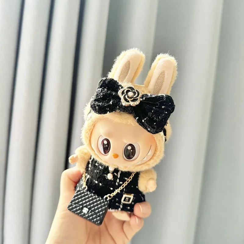 Cute 17cm Labubu Idol Doll Outfit – Camellia Dress, Bag & Shoes Set for Mini DIY Monster Sitting Party Collection