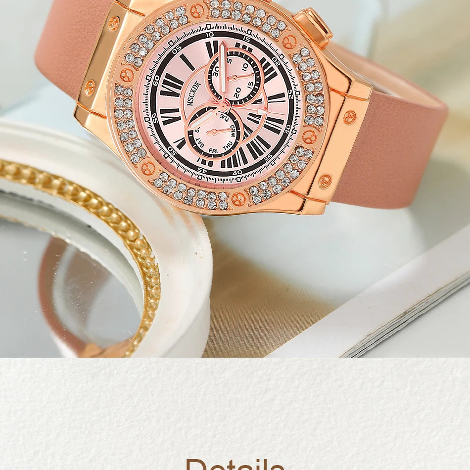 3PCS Women’s Casual Leather Watch Set – Quartz Wristwatch, Heart Bow Wallet, Glasses & Sunglasses Clock Montre Femme
