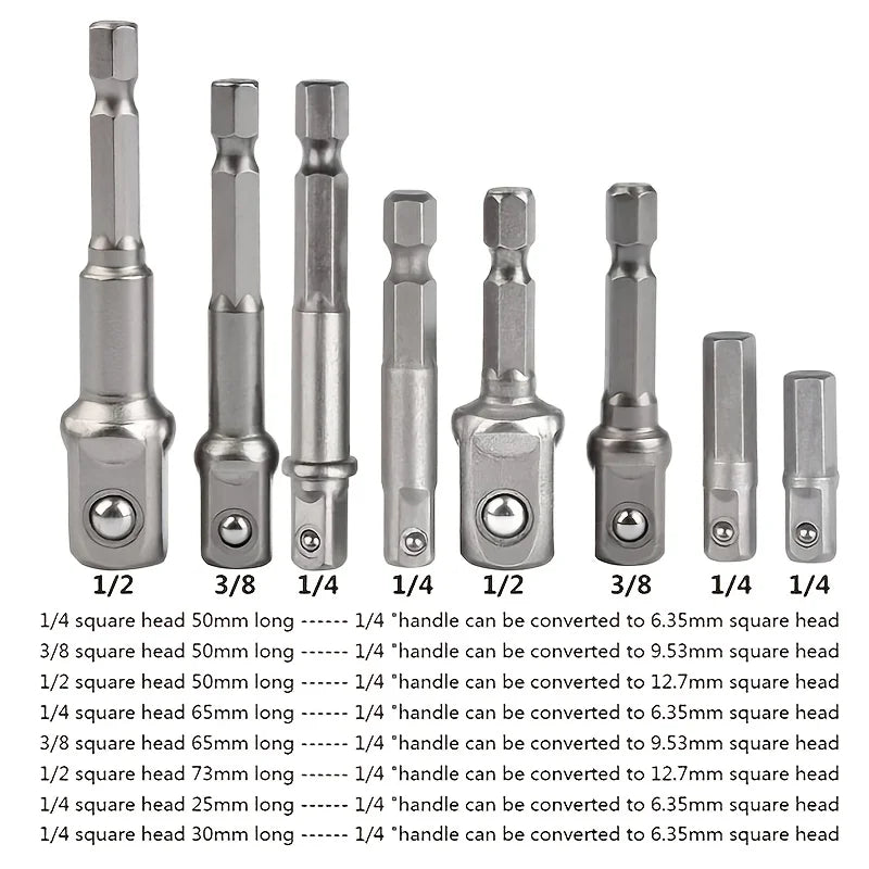 Drill Socket Adapter Set 1/4'' Hex Shank Extension – 1/2'' 3/8'' 1/4'' Square Drive Impact Driver Tool