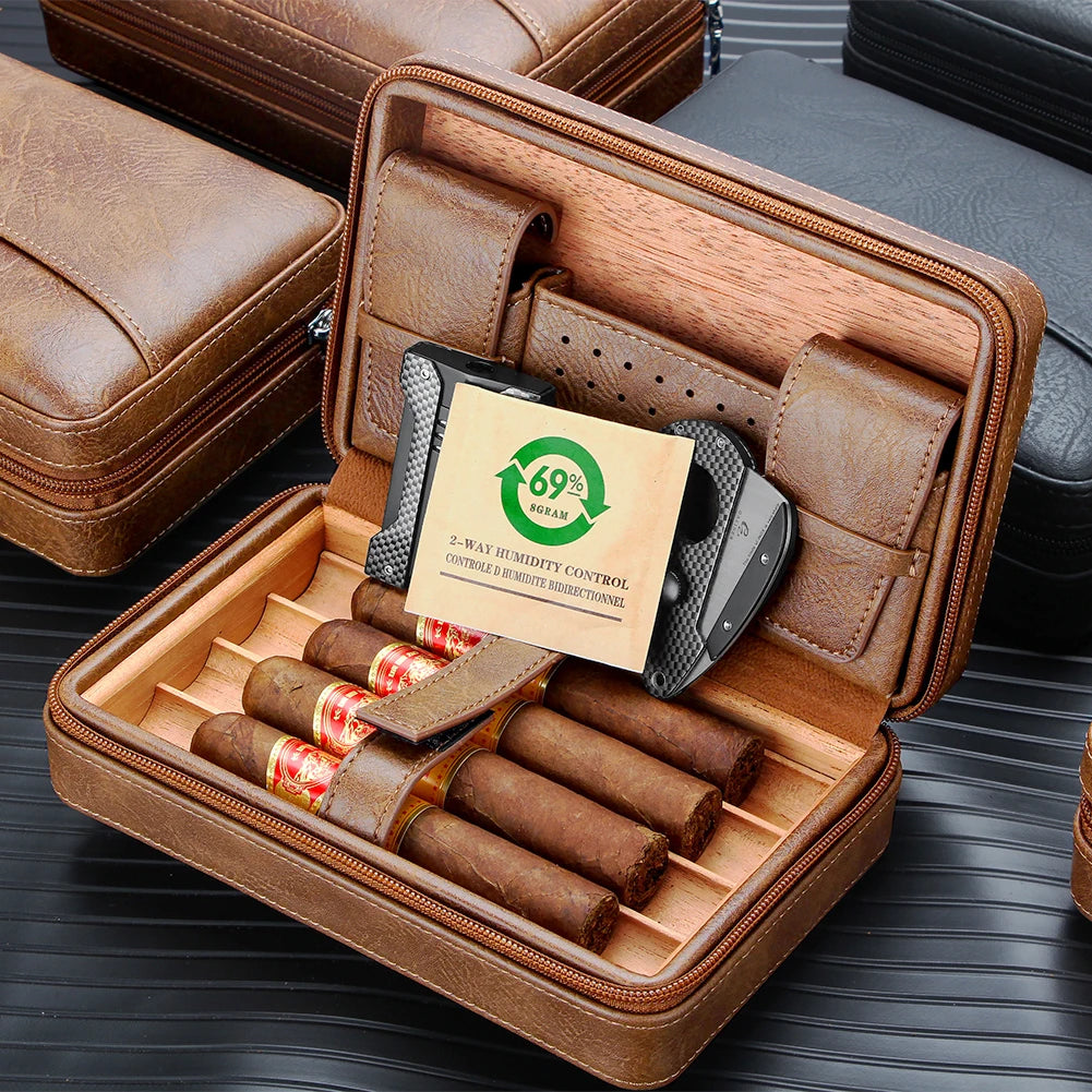 GALINER Cigar Humidor Box – Travel Leather Case with Cedar Wood Lining, Includes or Excludes Lighter, Cigar Cutter & Humidity Control Pack