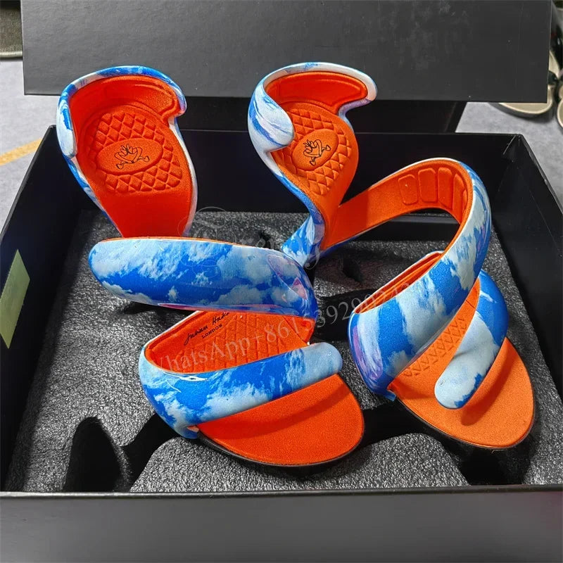 Women's Blue Snake Gladiator Sandals - Patent Mixed-Color Ribbon Design Slip-On High Heel Shoes