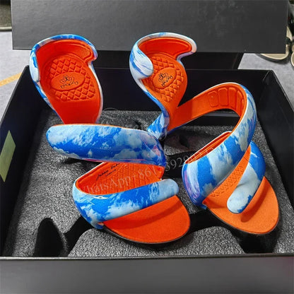 Women's Blue Snake Gladiator Sandals - Patent Mixed-Color Ribbon Design Slip-On High Heel Shoes