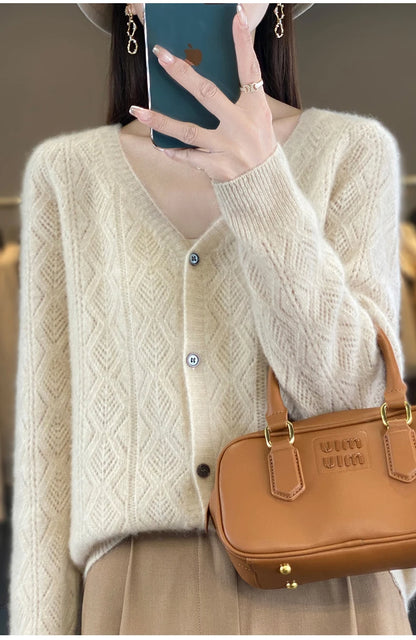 Women's 100% Wool Cashmere Cardigan – V-Neck, Super Soft, Loose Fit, Long Sleeve Knit Sweater