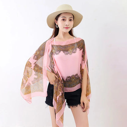 Women’s Summer Beach Shawl – Loose Chiffon Bikini Cover-Up Blouse with Buttons Sun Protection Scarf