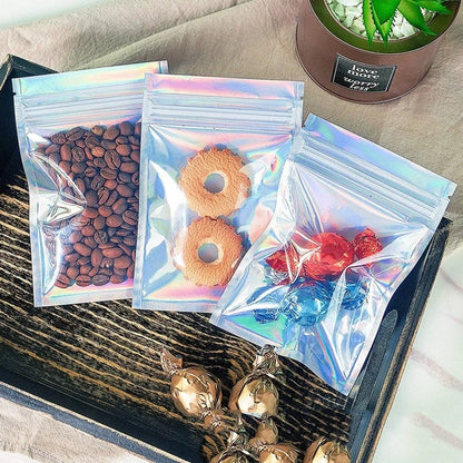 50pcs Thick Smell-Proof Mylar Bags – Holographic Laser Color Plastic Packaging Pouch, Zip Lock for Jewelry & Gifts