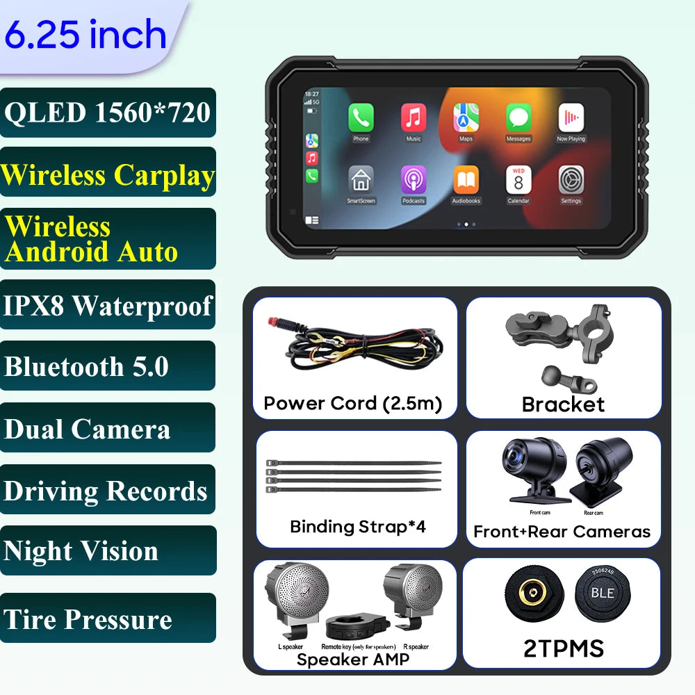 6.25-Inch Motorcycle GPS Navigation Screen with Wireless CarPlay & Android Auto – 1560x720 Resolution, Motor DVR Monitor, TPMS Optional