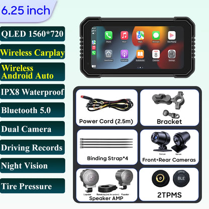 6.25-Inch Motorcycle GPS Navigation Screen with Wireless CarPlay & Android Auto – 1560x720 Resolution, Motor DVR Monitor, TPMS Optional