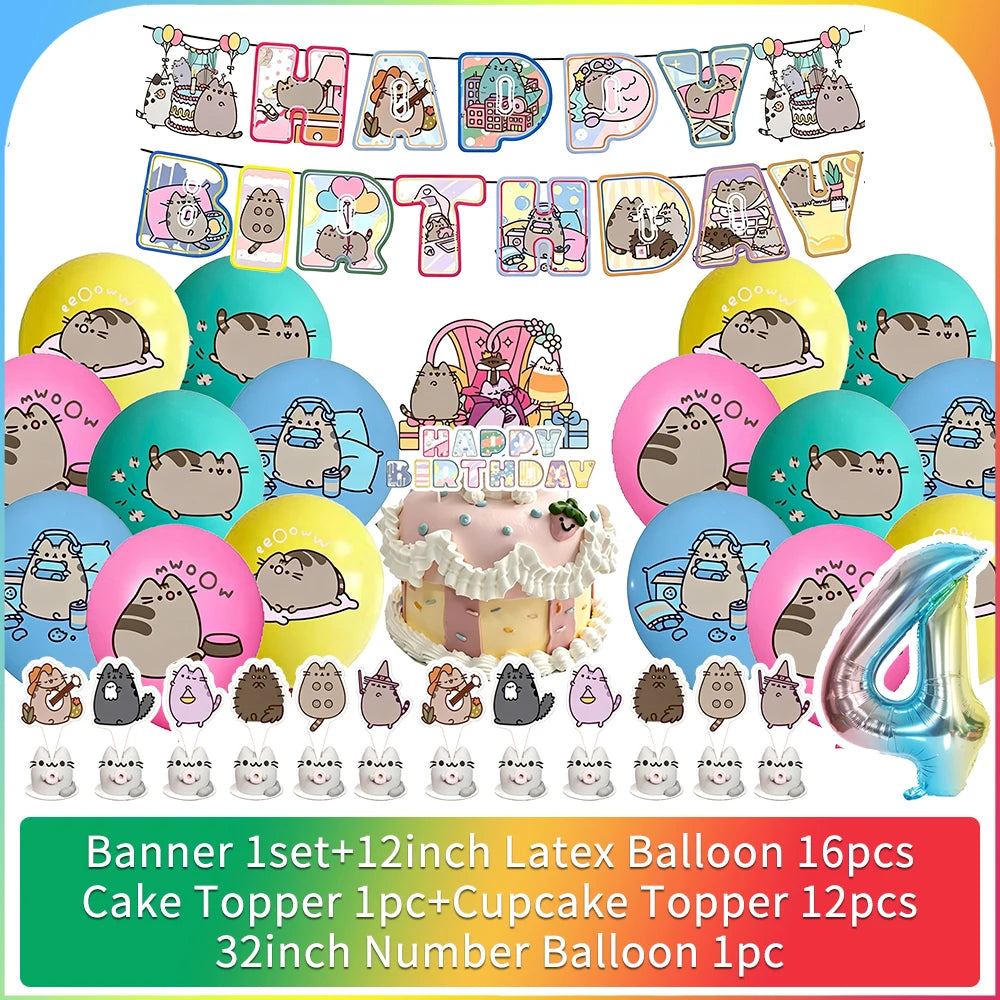 Cute Cat Birthday Party Decorations - Kawaii Balloon Set, Cake Toppers, Bunting Banner, and Party Backdrop Supplies