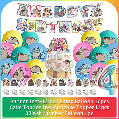 Cute Cat Birthday Party Decorations - Kawaii Balloon Set, Cake Toppers, Bunting Banner, and Party Backdrop Supplies