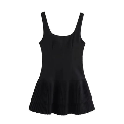TRAFZA Women’s Square Collar Sleeveless Mini Dress – Summer Pleated Solid Color Slim High Street Chic Dress
