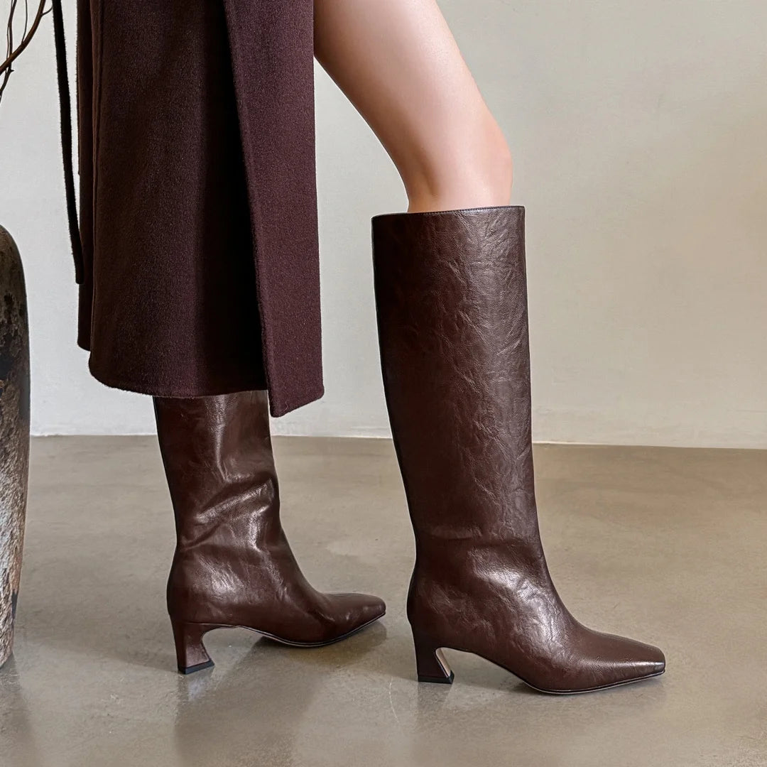 Women’s Genuine Leather Knee-High Boots – 5.5cm Thin Heel, Square Toe Slip-On Autumn Long Boots